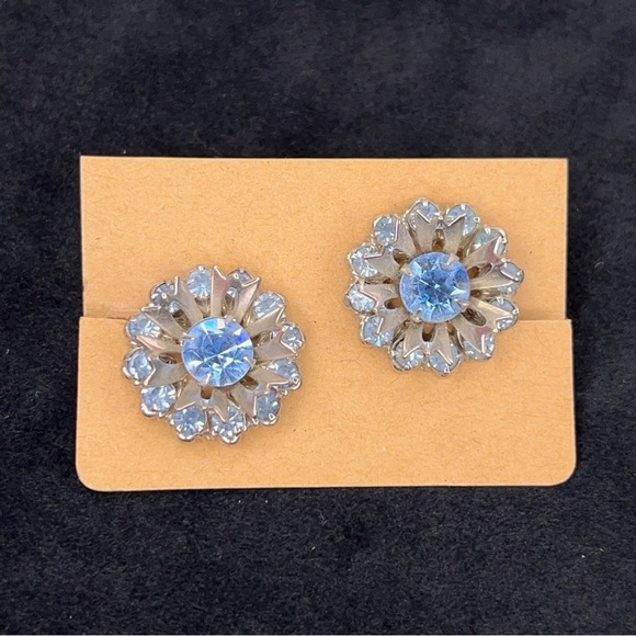 VINTAGE SILVER BLUE CLIP ON EARRINGS RETRO WEDDING EVENT FORMAL - Picture 6 of 6